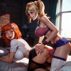 2024 2girls ahe_gao ai_generated anal anal_insertion anal_sex cheerleader cheerleader_uniform crossover daphne_blake doggy_style female female/female female_focus female_only juliet_starling large_breasts lesbian lesbian_couple lesbian_sex lesbians lifted_skirt lollipop_chainsaw pussy pussy_juice school_uniform scooby-doo self-upload skirt skirt_lift strap-on strap-on_sex strapon thighhighs tongue_out vertiloart yuri