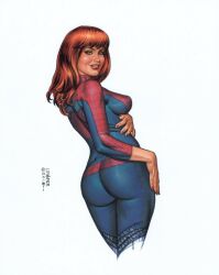 1girls 2015 big_breasts bodysuit colored cosplay female female_only human human_only joseph_michael_linsner large_ass light-skinned_female light_skin marvel marvel_comics mary_jane_watson pinup red_hair spider-man_(cosplay) spider-man_(series)