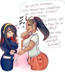 !! 1futa 1girls 2023 black_hair blush breasts bulge carmine_(pokemon) closed_eyes clothed clothing dark-skinned_futanari dark_skin dialogue duo english_text female freckles fully_clothed futa_on_female futanari green_highlights hairband handshake heart hi_res human large_breasts light-skinned_female light_skin long_hair necktie nemona_(pokemon) nintendo penis penis_awe penis_bulge pokemon pokemon_sv ponytail raikissu red_hair smiling speech_bubble text throbbing_uterus tie two_tone_hair unaware white_background yellow_eyes