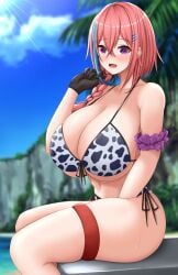 1girls ass beach big_ass big_breasts big_thighs blush breasts busty cleavage cow_print cow_print_bikini curvy female gigantic_breasts huge_ass huge_breasts huge_thighs large_ass large_breasts large_thighs mameneko massive_breasts sitting sweat thick_thighs thighs voluptuous