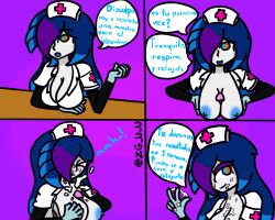 blue_eyes blue_hair blue_nipples boobjob closed_eyes comic_page cum cum_on_breasts cum_on_face heterochromia nurse nurse_cap nurse_uniform one_eye_covered orange_eyes original_character simple_background simple_shading sleeper_(zg_uwu) spanish_text text text_bubble three_tone_hair white_skin zg_uwu