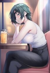 ai_assisted ai_generated beer big_breasts black_hair chainsaw_man dress eyepatch green_eyes himeno_(chainsaw_man) medium_hair patreon patreon_username sitting watermark