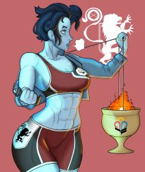 awoken blue_body blue_eyes blue_hair blue_skin bungie destiny_(game) destiny_2 fit fit_female guardian_(destiny) kinkrat muscular muscular_female spats_shorts sports_bra tagme titan_(destiny) torch workout workout_clothes