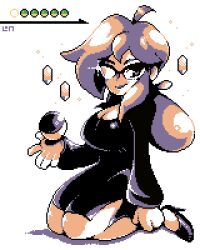 1girls black_dress dress game_freak glasses high_heels kneeling legendofnerd lorelei_(pokemon) nintendo pixel_art pokemon seductive_look solo