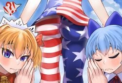 !? 3girls american_flag_legwear ass ass_focus ass_worship big_ass blonde_hair blouse blue_bow blue_eyes blue_hair blush bow cirno closed_eyes clownpiece from_behind gluteal_fold grand_prix_richmond_crackstyle_(meme) hair_between_eyes hairbow head_out_of_frame headdress highres long_hair looking_at_viewer meme multiple_girls own_hands_together pantyhose praying shirt short_hair sunny_milk tige_(tigedee) touhou white_shirt