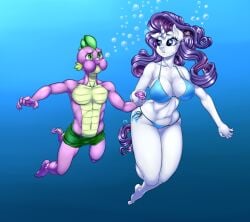 1boy 1girls abs age_difference anthro armpits barefoot belly_button big_breasts bikini breasts bubble busty cleavage clothes curvy drowning duo feet female friendship_is_magic gradient_background hasbro holding_breath holding_hands male muscles my_little_pony pia-sama puffy_cheeks rarity_(mlp) shorts size_difference smaller_male spike_(mlp) straight swimming swimsuit tagme underwater wide_hips