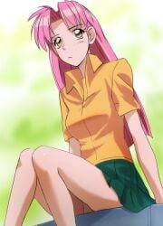 2d_(artwork) 2d_artwork blush blush_lines breasts female fully_clothed haruyama karigari_marie medium_breasts my_dear_marie pantyshot pink_hair pleated_skirt sitting solo white_panties yellow_sclera