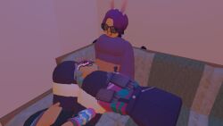 bunny_ears chilling couch demithefemboy05 jack_(rec_room) purple_hair purpliep_(rec_room) rec_room rec_room_avatar socks thick_thighs