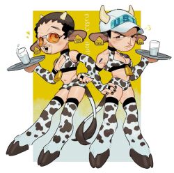 2boys akainu borsalino_(kizaru) chibi cow_bikini cow_boy cow_ears cow_hooves cow_horns cow_print cow_print_armwear cow_print_bikini cow_print_thighhighs cow_tag cow_tail dilf ear_tag glass glass_of_milk glasses hat hooves light-skinned_male light_skin male male_only mature mature_male milk one_piece pouting pouting_at_viewer smiling tray