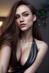 1girls ai_generated b0sch breasts brown_hair celebrity cleavage dress female generated leather leather_dress long_hair madison_lintz stable_diffusion thick_eyebrows