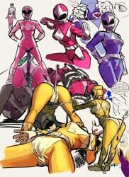 3girls blue_ranger bodysuit cameltoe collage covered_nipples crotch_rope crotch_rope_pull helmet helmet_lips large_breasts medium_breasts mighty_morphin_power_rangers mind_control multiple_girls pink_ranger power_rangers pussy_rope shadowmist small_breasts tentacle yellow_ranger