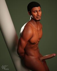 1boy 1human 1male 3d 3d_(artwork) 3d_model african african_male black_hair dark-skinned_male dark_nipples dark_skin erect_penis erection green_eyes hung kazuworks male male_focus male_only melanin muscles muscular muscular_male oc original original_character solo solo_focus solo_male veiny_penis