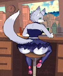 anthro ass bent_over big_butt bodily_fluids bottomwear canid canine chim_(kimcuongnguyen) city city_background cityscape clothed clothing curvy_figure desk digital_drawing_(artwork) digital_media_(artwork) female footwear fox furniture furry genitals green_eyes grey_body kimcuongnguyen legwear long_socks looking_at_viewer looking_back mammal miniskirt office panties paws pussy short_pants signature skirt slutty_clothing smile socks solo table tail thick_thighs tight_clothing topwear underwear white_body wide_hips