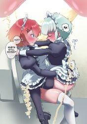2girls black_thighhighs blush breasts closed_eyes english_text female girl_on_girl laaapie large_breasts maid maid_headdress maid_uniform original original_character original_characters panties panty_pull peeing peeing_together pink_panties sharing_toilet shiny_skin short_hair sweat thighhighs thighs thought_bubble toilet toilet_use underwear white_panties white_thighhighs