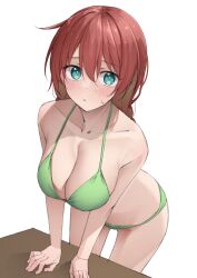 1girls arm_support ass bare_arms bare_legs bare_midriff bare_shoulders bare_thighs bikini blue_eyes blush braided_hair cleavage collarbone emma_verde female female_focus female_only freckles green_bikini hair_between_eyes kawai_ritsu_(rits_meg) large_breasts leaning_forward long_hair looking_at_viewer love_live! love_live!_nijigasaki_high_school_idol_club medium_breasts red_hair simple_background slender_body slender_waist slim_girl slim_waist solo standing straight_hair sweat thighs thin_waist white_background