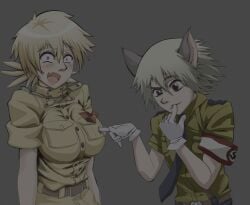 1boy 1boy1girl 1female 1girls 1male big_breasts blonde_female blonde_hair blonde_hair_female blue_eyes blush boob_poke breasts cat_boy cat_ears cat_humanoid catboy female funny hellsing hellsing_ultimate male no_nude pink_eyes poke poking_breasts police police_uniform policewoman schrodinger seras_victoria simple_background surprised surprised_expression white_gloves