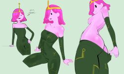 1girls adventure_time armwear ass bare_shoulders cameltoe clothes_pull detached_sleeves full_body_suit hand_on_hip medium_breasts multiple_poses pink_skin princess_bubblegum short_hair solo undressed void_dot_exe