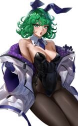 1girls blush bunny_ears coat coat_on_shoulders corset curly_hair enmanuelart20 eyeshadow female female_only gloves green_eyes green_hair legs_together looking_at_viewer messy_hair necktie one-punch_man open_mouth pantyhose partially_clothed partially_clothed_female sitting tatsumaki tie topless topless_female white_background