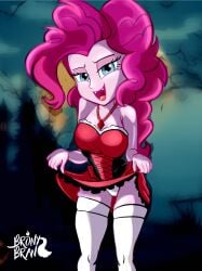 1girls blue_eyes equestria_girls fangs female female_only friendship_is_magic halloween halloween_costume human mlp_g4 my_little_pony pink_hair pinkie_pie pinkie_pie_(eg) skirt_lift solo