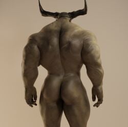 2_horns 3d 3d_(artwork) absurd_res anthro back_muscles dragon_age hi_res horn humanoid iron_bull male male_only muscular muscular_male qunari rear_view scar solo voluox