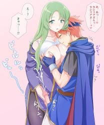 1boy 1girls bra breast_grab breasts breasts_out cape cecilia_(fire_emblem) censored clenched_teeth closed_eyes cum cum_on_hand cumshot dress ejaculation female fingerless_gloves fire_emblem fire_emblem:_the_binding_blade gloves green_eyes green_hair groping ham_pon handjob headband japanese_text large_breasts long_hair male nail_polish nintendo nipples off_shoulder orange_hair pantyhose penis pink_background pink_nails precum precum_on_hand roy_(fire_emblem) short_hair sound_effects standing sweatdrop text translation_request underwear