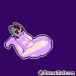 animated black_hair egg egg_from_pussy egg_laying elise_kythera_zaavan gif league_of_legends pixel_art purple_background red_eyes red_hair