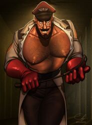 bara bara_tiddies bara_tits beard big_male brown_hair buff dilf dominant_male egabbacc hairy_chest high_quality highres himbo huge_muscles imminent_sex male_only medic_(team_fortress_2) menacing muscular_male mustache no_visible_genitalia official_alternate_costume pinup riding_crop ripped_clothing ripped_shirt solo_male suggestive team_fortress_2