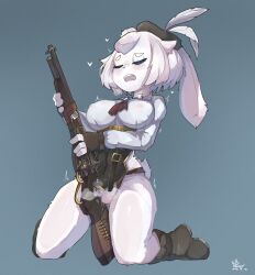 anthro boots breasts bullet closed_eyes clothed clothing female fingerless_gloves firearm footwear genitals gloves gun handwear hat headgear headwear hi_res lagomorph leporid lever_action_rifle mammal masturbation partially_clothed pussy rabbit ranged_weapon rifle sillybunny9623 simple_background solo weapon