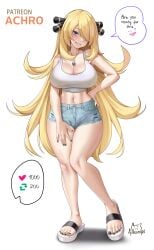 1girls achromaru alternate_breast_size blonde blonde_female blonde_hair blonde_hair_female breasts cynthia_(pokemon) daisy_dukes dialogue english_text female game_freak large_breasts long_hair naughty_face nintendo platform_footwear pokémon pokemon pokemon_champion pokemon_dppt short_shorts shorts smile strip_game tank_top thighs