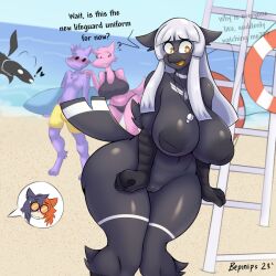 anthro avian beach bepinips biped bird cecille_(mewgle) clothing dialogue embarrassed embarrassed_nude_female enf english_text female hair layla_(kilinah) lifeguard_tower male mandated_nudity nude outside ra_(kilinah) seaside surfboard swimwear text white_hair