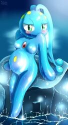 anthro artist_name belly big_belly blush chest_gem looking_at_viewer manaphy pokémon_(species) pokemon pregnant rock sitting small_breasts tokemaru water wet