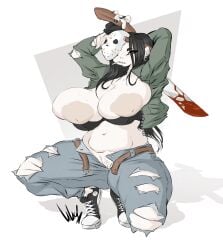 bad_anatomy big_breasts breasts dullvivid female friday_the_13th inverted_nipples jason_voorhees jason_voorhees_(cosplay) lara_ravencroft thick_thighs wide_hips