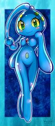 abstract_background anthro artist_name blue_skin blush breasts eyes legs_crossed looking_at_viewer manaphy no_genitals pokémon_(species) pokemon small_breasts tokemaru