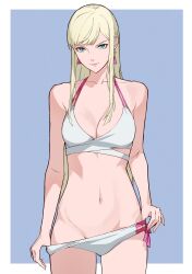 1girls bikini blonde_hair cleavage gigi_andalusia gundam gundam_hathaway's_flash jason_kim long_hair looking_at_viewer medium_breasts solo standing teasing