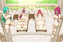 4girls alear_(female)_(fire_emblem) alear_(fire_emblem) alternate_hairstyle angry aqua_hair arms_behind_back arms_behind_head arms_up balcony ball_gag bangs bare_arms bare_legs barefoot beach_chair blue_eyes blue_hair blush bondage bound bound_arms bound_legs bound_to_chair bound_to_pillar bound_to_pole bound_wrists braid breasts captured censored chair chloe_(fire_emblem) completely_nude female female_only femsub fire_emblem fire_emblem_engage from_above frown gag green_eyes hair_between_eyes heterochromia hyperbudd ivy_(fire_emblem) large_breasts legs long_hair looking_at_viewer looking_up multicolored_hair multiple_girls multiple_subs nintendo nipples nude nude_female official_alternate_hairstyle on_back outdoors pillar pink_hair ponytail poolside purple_hair pussy red_eyes red_hair restrained rope_bondage spread_legs suspension table tiara very_long_hair violet_hair yunaka_(fire_emblem)