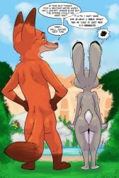 1boy akiric angry ass back big_ass big_butt completely_naked completely_naked_female completely_naked_male completely_nude completely_nude_female completely_nude_male facing_away fists_clenched furious grey_body grey_fur hands_on_hips judy_hopps looking_at_another nick_wilde orange_body orange_fox orange_fur shaking smile tail zootopia