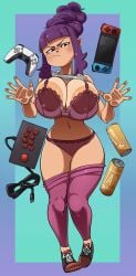 against_glass asian asian_latina bra breasts cleavage command_grab female latina nintendo_switch nuclearwasabi panties purple_hair solo thick_thighs