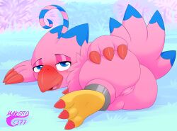 avian bandai_namco beak bird biyomon blue_eyes blush claws digimon digimon_(species) digital_media_(artwork) feathers female feral genitals hi_res makoto177 mammal nude open_mouth pink_body pussy simple_background smile solo