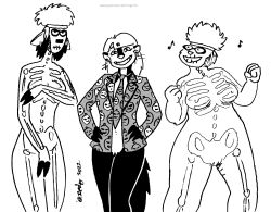 2022 anthro bison bottomless bovid bovine clothed clothing covering covering_chest covering_crotch covering_self female genitals group hair hooves kelly_o'dor lagomorph leporid mammal nipples nude patricia_(tegerio) pubes pussy rabbit skeleton_bodypaint smile springfield_(tegerio) tegerio trio whiskers zandar's_saga