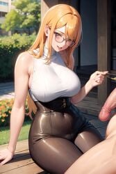 ai_generated anonymous_male big_breasts big_penis black_bottomwear blonde_hair blush buildings clothed_female_nude_male glasses house_background looking_at_penis looking_pleasured male_thighs nervous_smile original original_characters penis promptchan sitting tight_fit tree white_topwear