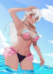 1girls alternate_costume arm_up armpits ass_visible_through_thighs bare_midriff bare_thighs bikini blush breasts cleavage corrin_(fire_emblem) corrin_(fire_emblem)_(female) dark-skinned_female dark_skin female female_only fire_emblem fire_emblem_cipher fire_emblem_fates grey_hair hair_between_eyes large_breasts long_hair looking_at_viewer midriff nintendo ocean official_alternate_costume open_mouth outdoors pointy_ears red_eyes shell_bikini sideboob solo soulx720 swimsuit tan tan_skin tanline thighs underboob