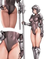 1girls 2020 adjusting_clothes armor ass big_ass black_gloves black_leotard blue_eyes breasts cameltoe clothing covered_navel female female_only fingerless_gloves gloves greaves grey_hair guard helmet highleg highleg_leotard highres holding_spear holding_weapon kneehighs large_breasts leotard multiple_views nipple_bulge original pepe_(jonasan) pubic_hair pubic_hair_peek revealing_clothes serious short_hair shoulder_armor shoulder_pads simple_background skin_tight solo spear standing thick_thighs thighs tight_clothing unconvincing_armor vambraces weapon white_background