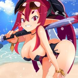 ass beach breasts cleavage demon_girl demon_horns disgaea disgaea_7 higan_zesshosai large_breasts nippon_ichi_software octpus_tako one-piece_swimsuit seaside thighs