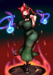 1girls big_breasts black_bow black_thighhighs blunt_bangs cat_ears cat_girl cat_tail clenched_hand commentary_request covered_nipples extra_ears fire footwear_bow full_body gradient_background green_dress hairbow heart_cutout hitodama huge_breasts kaiman_(pixiv34020054) looking_at_viewer nekomata pointy_ears red_eyes red_hair rin_kaenbyou side_braids skull solo standing touhou twin_braids two_tails variant_set