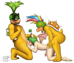 3boys anal anal_sex antennae_(anatomy) anthro bat_wings eyewear fan_character fellatio final_fantasy gay gay_blowjob gay_sex genitals glasses group group_sex hair hi_res iggy_koopa koopaling lemmy_koopa male male/male male_penetrated male_penetrating male_penetrating_male mammal mario_(series) membrane_(anatomy) membranous_wings moogle nintendo nude open_mouth oral oral_penetration penetration penile penis pom_antennae reptile scalie sex shell simple_background square_enix threesome timidwithapen tongue trio wings