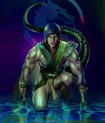 1boy 2023 balls bara barazoku big_balls big_penis clothing gay half-erect hi_res highres looking_at_viewer male male_focus male_nipples male_only manly mortal_kombat mortal_kombat_1_(2023) muscular_male nipples nude partially_retracted_foreskin penis reptile_(mortal_kombat) solo solo_male syzoth yaoi