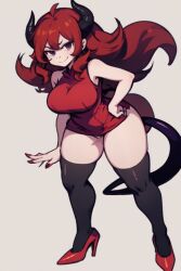 ai_generated bare_shoulders breasts demon demon_girl demon_horns demon_tail friday_night_funkin girlfriend_(fnf) girlfriend_(friday_night_funkin) high_heels horn horns large_breasts long_hair looking_at_viewer simple_background smile tail thick_thighs thighhighs