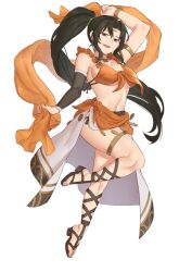 1girls :d asymmetrical_sleeves belly_chain better_version_at_source black_hair bra breasts circlet clothed clothed_female dancer dancer_outfit dancing dark_hair detached_sleeves ebinku female female_only fire_emblem fire_emblem:_genealogy_of_the_holy_war grey_eyes higher_resolution_available highres jewelry large_breasts laylea_(fire_emblem) leg_up long_hair looking_at_viewer medium_breasts midriff navel nintendo ponytail revealing_clothes sandals showgirl_skirt sideboob simple_background single_detached_sleeve smile solo thick_thighs tummy underboob underwear very_long_hair white_background