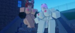 2girls 3d :3 ace_pilot_(rolve) arsenal_(rolve) artist_request black_gloves discord_tag looking_at_viewer naked outside red_panda_(rolve) roblox roblox_game robloxian rolve smug source_request tagme video_games