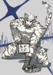 1boy abs absurdres animal_ears arknights bara censored character_censor facial_hair full_body furry furry_male goatee hand_on_floor highres kneeling large_hands large_pectorals male_focus male_masturbation male_pubic_hair masturbation mountain_(arknights) muscular muscular_male nipples novelty_censor pectorals pubic_hair saliva scar scar_across_eye scar_on_arm short_hair solo solo_male stomach tail_raised thick_eyebrows tiger_boy tiger_ears tongue tongue_out white_hair yingou_li_de_wenyi_zhi_yuan